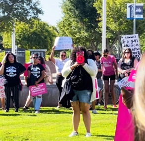 Gamble speaks out at a women's right rally in Fresno.
