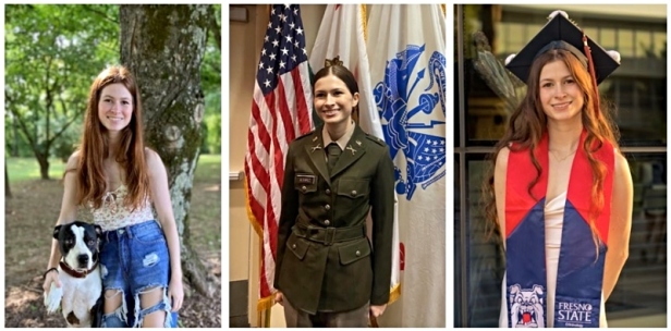 A collage of three images showing Crystal with her dog, in ROTC uniform and in graduation regalia